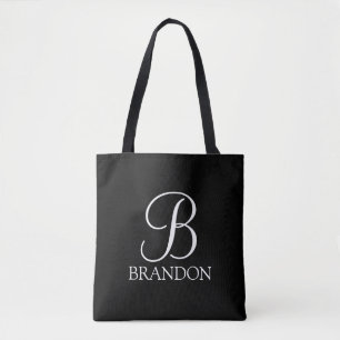 Black Personalised Script Monogram and Name Tote Bag
