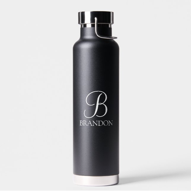 Black Personalised Script Monogram and Name Water Bottle (Left)
