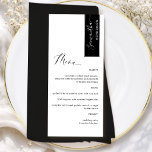 Black Personalised with Guest Name Elegant Menu<br><div class="desc">Why spend in place cards and menu cards when you can have an elegant All-in-one elegant Menu personalised with each guest name! Contemporary, simple and elegant design with beautiful modern hand written calligraphy. Stripe on the top right corner in black with guest name in white. Back in same black as...</div>