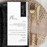 Black Personalised with Guest Name Elegant Menu<br><div class="desc">Why spend in place cards and menu cards when you can have an elegant All-in-one elegant Menu personalised with each guest name! Contemporary, simple and elegant design with beautiful modern hand written calligraphy. Stripe on the top right corner in black with guest name in white. Back in same black as...</div>