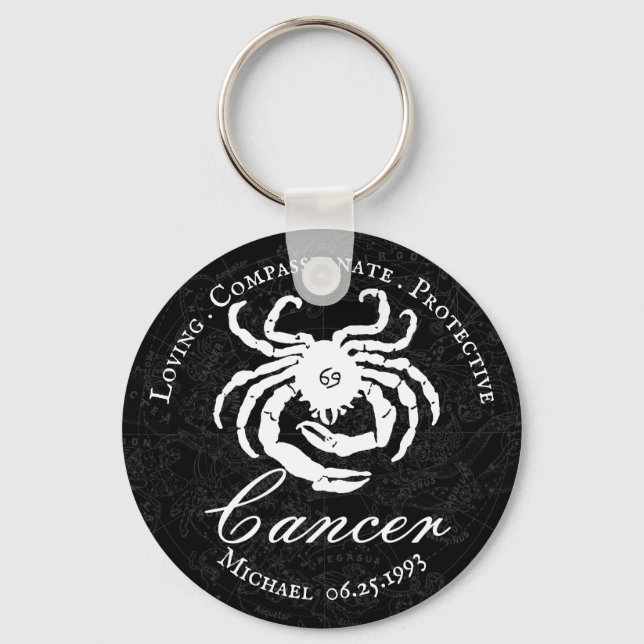 Black Personalized Cancer Zodiac Astrology Traits Key Ring (Front)