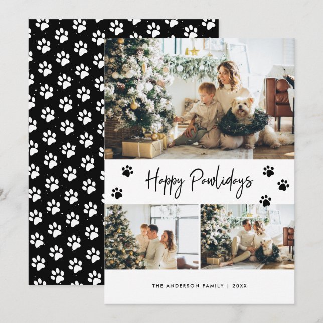 Black Pet Owner Photo Collage Happy Pawlidays Holiday Card (Front/Back)