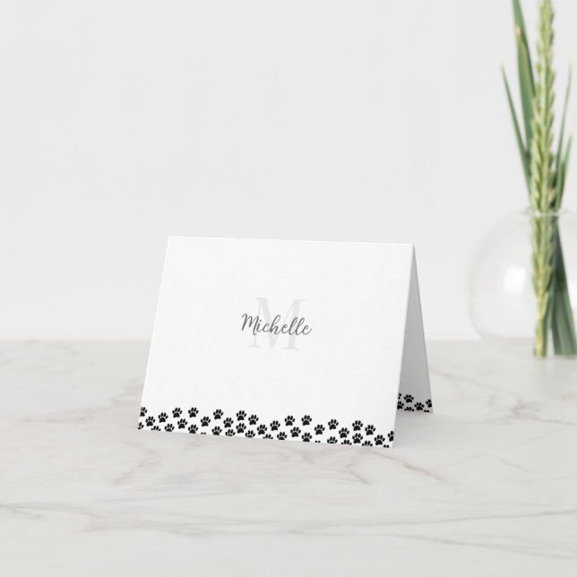 Black Pet Paw Prints Custom Monogram Cute  Note Card (Front)