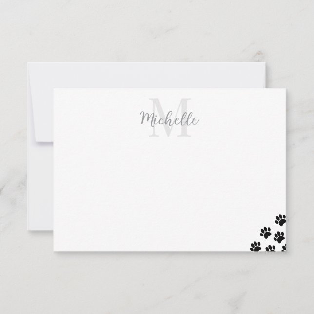 Black Pet Paw Prints Editable Monogram Simple  Card (Front)