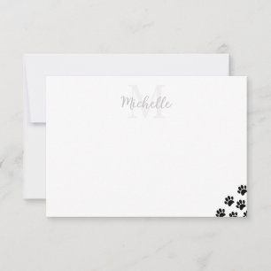 Black Pet Paw Prints Simple Monogrammed Card