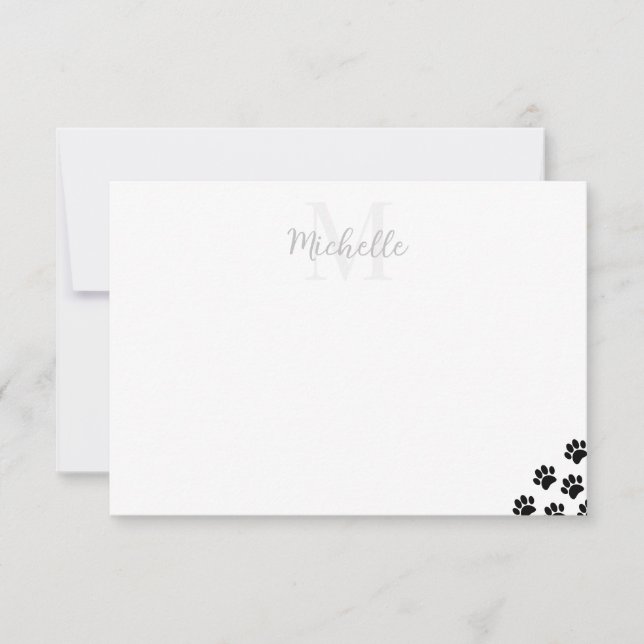 Black Pet Paw Prints Simple Monogrammed  Card (Front)