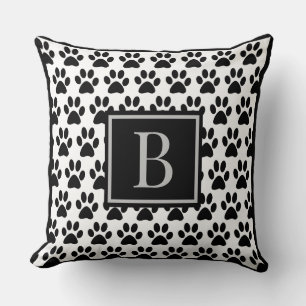 Black Pet Paw Prints with Monogram Initial Cushion