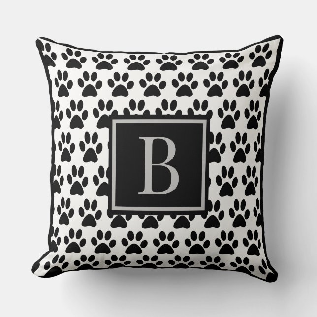 Black Pet Paw Prints with Monogram Initial Cushion (Front)