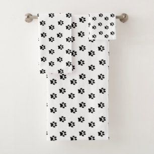 Black Pet Paws Pattern on White Bath Towel Set