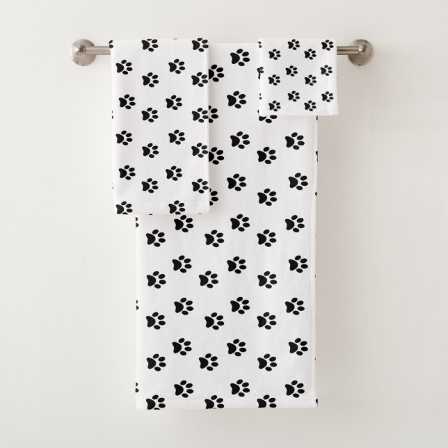Black Pet Paws Pattern on White Bath Towel Set (Insitu)