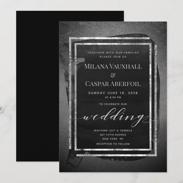 Black Pewter & Silver Frames Metallic Wedding Invitation (Front/Back)