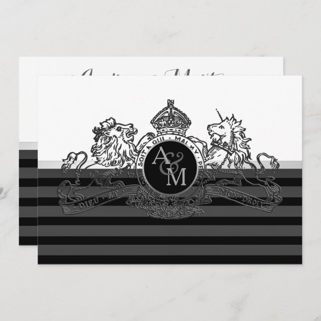 Black Pewter  White Lion Unicorn Emblem Wedding Invitation (Front/Back)