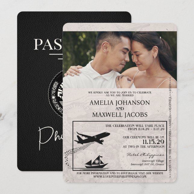 Black Philippines Passport Wedding Invitation (Front/Back)