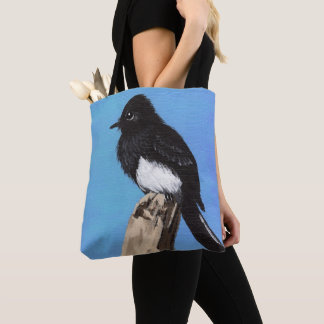 Black Phoebe Bird on Blue Tote Bag