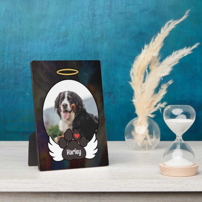 Black Photo Angel Wings Paw Add Name Dog Memorial Plaque (Side)