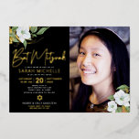 Black Photo Bat Mitzvah Floral Script Real Gold<br><div class="desc">Be proud, rejoice and showcase this milestone of your favourite Bat Mitzvah with this sophisticated, personalised photo invitation! A chic, stunning, white and real gold foil floral watercolor, real gold foil handwritten script and white sans serif typography overlay a dramatic black background on the left side, your personalised photo on...</div>