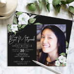 Black Photo Bat Mitzvah Silver Floral Watercolor Invitation<br><div class="desc">Be proud, rejoice and showcase this milestone of your favourite Bat Mitzvah with this sophisticated, personalised photo invitation! A chic, stunning, white and faux silver glitter floral watercolor, faux silver foil script typography and white sans serif type overlay a dramatic black background on the left side, your personalised photo on...</div>