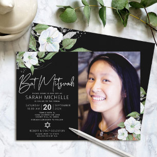 Black Photo Bat Mitzvah Silver Floral Watercolor Invitation