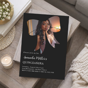 Black photo bow elegant Quinceanera Invitation