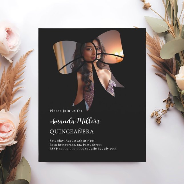 Black photo bow elegant Quinceanera invitation (Creator Uploaded)