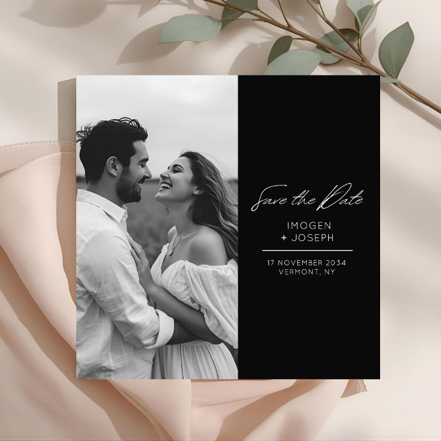 Black | Photo Chic Flat Wedding Save The Date Card (Creator Uploaded)