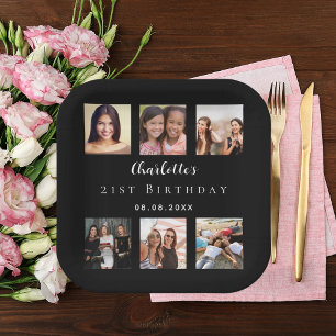 Black photo collage birthday party paper plate