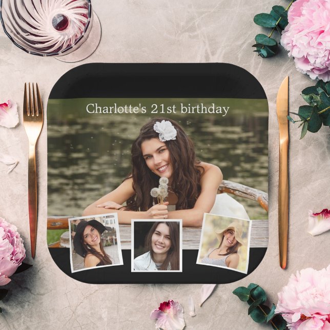 Black photo collage birthday party paper plate (Creator Uploaded)