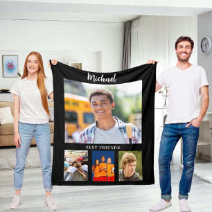 Black photo collage boy friends fleece blanket