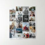 Black Photo Collage Happy Birthday Name & Age Tapestry<br><div class="desc">Tapestry for a birthday celebration featuring a photo collage of 19 photos,  name,  and age. Perfect for big celebrations where you can add lots of photos from the long life of the birthday celebrator. Birthday party decor in the form of a tapestry personalised with photos,  name,  and age.</div>