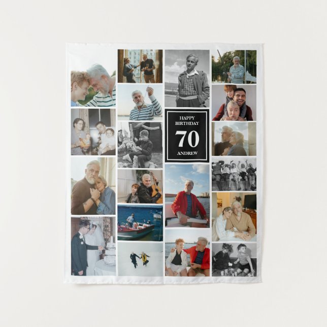 Black Photo Collage Happy Birthday Name & Age Tapestry (Front)