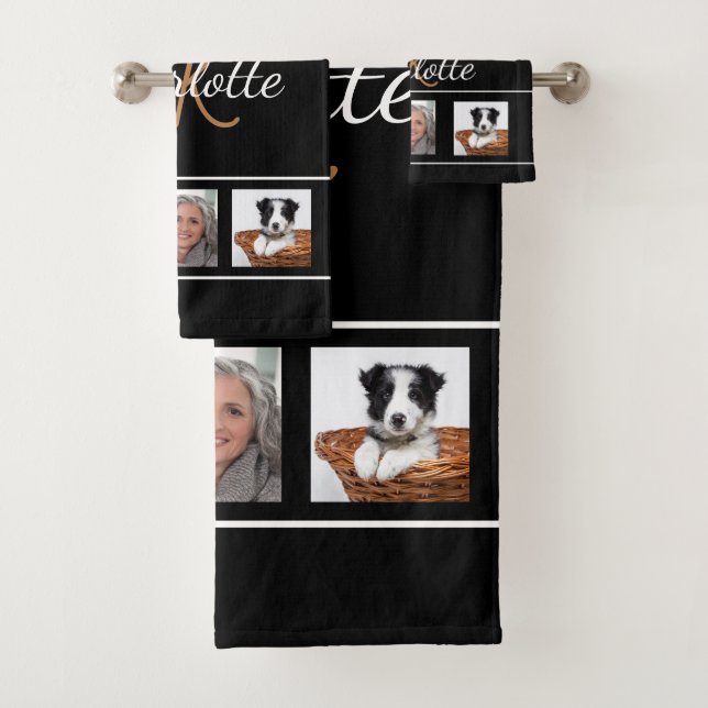 Black photo collage monogram script bath towel set (Insitu)