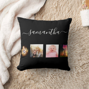 Black photo collage monogram script cushion