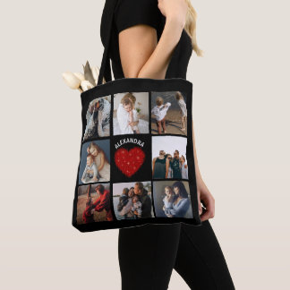 Black Photo Collage | Rustic Red heart Tote Bag
