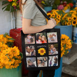 Black Photo Collage | Rustic Sunflower Tote Bag<br><div class="desc">Add up to 8 pictures to this photo collage of your favourite people on this diy tote bag. A rustic golden yellow sunflower is in the middle and a template for your name too. A wonderful gift idea for the family,  grandparents and friends.</div>