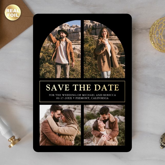 Black Photo Collage Wedding Save the Date Gold (Creator Uploaded)