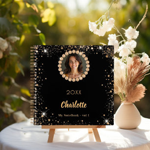 Black photo diamonds gold glitter notebook