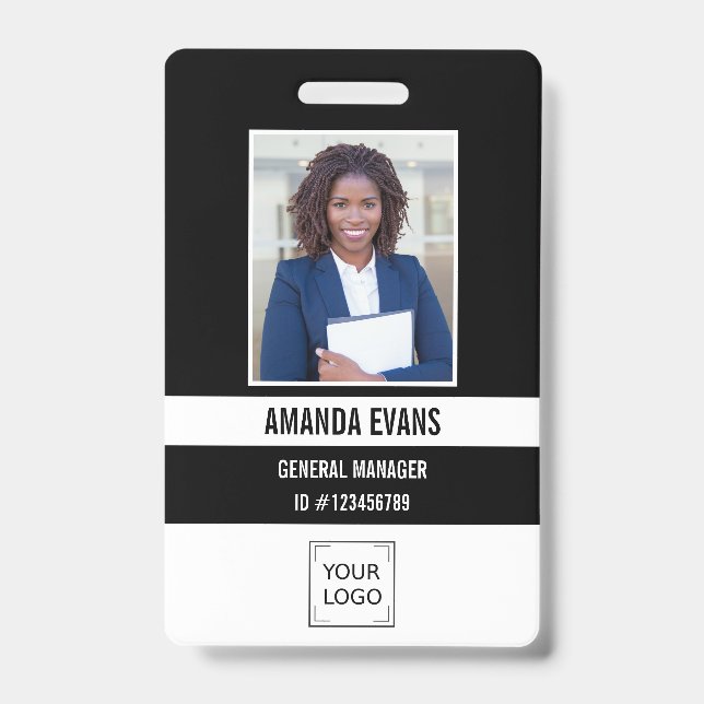 Black | Photo Employee Logo or QR CODE Security ID Badge (Front)