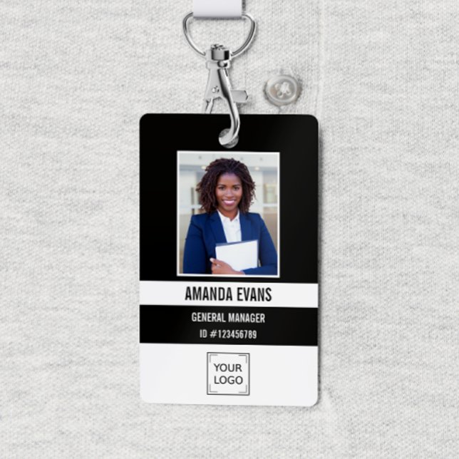 Black | Photo Employee Logo or QR CODE Security ID Badge (Black and WHITE CORPORATE LOGO IDENTIFICATION BADGE WITH PHOTO FOR EMPLOYEE. )
