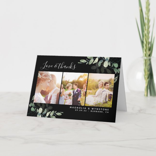 Black Photo Eucalyptus Wedding Thank You Card (Front)