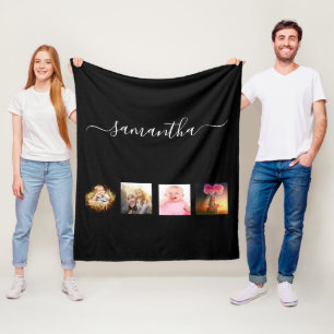 Black photo family collage name script fleece blanket