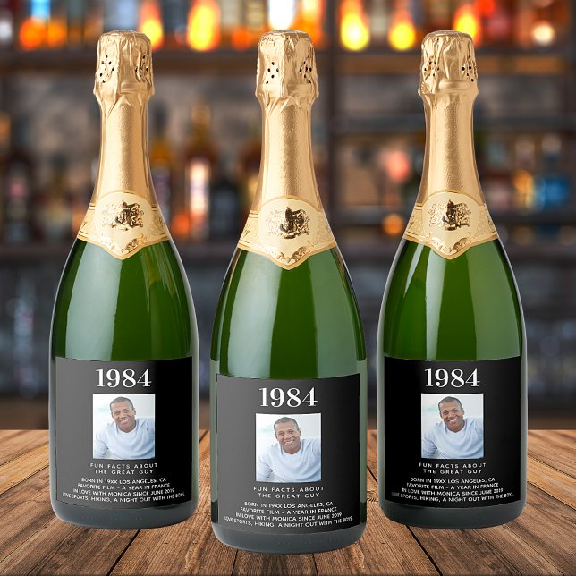 Black photo fun facts bio year birth birthday sparkling wine label (Creator Uploaded)