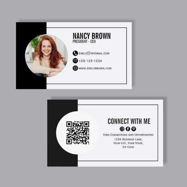 Black Photo QR Code Connect With Me Minimal Business Card (Bold black photo QR code design showcasing front and back layout, perfect for modern networking.)