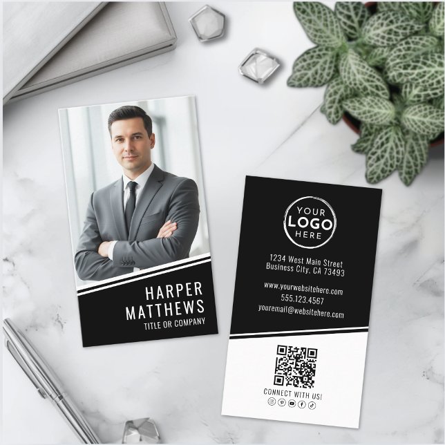 Black Photo QR Code Logo Vertical Business Card (Black Photo QR Code Logo Vertical Business Card )