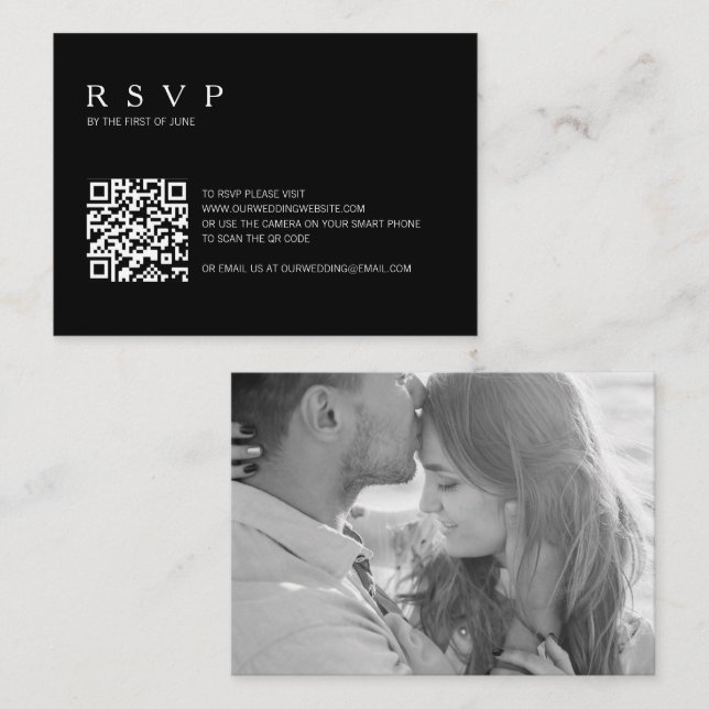Black Photo QR Code Wedding Mini RSVP Card (Front/Back)