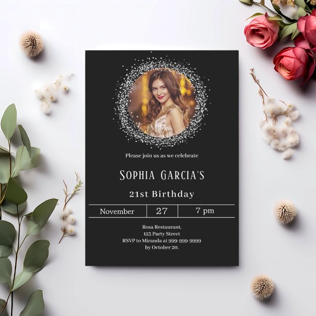 Black photo silver glitter birthday invitation (Creator Uploaded)