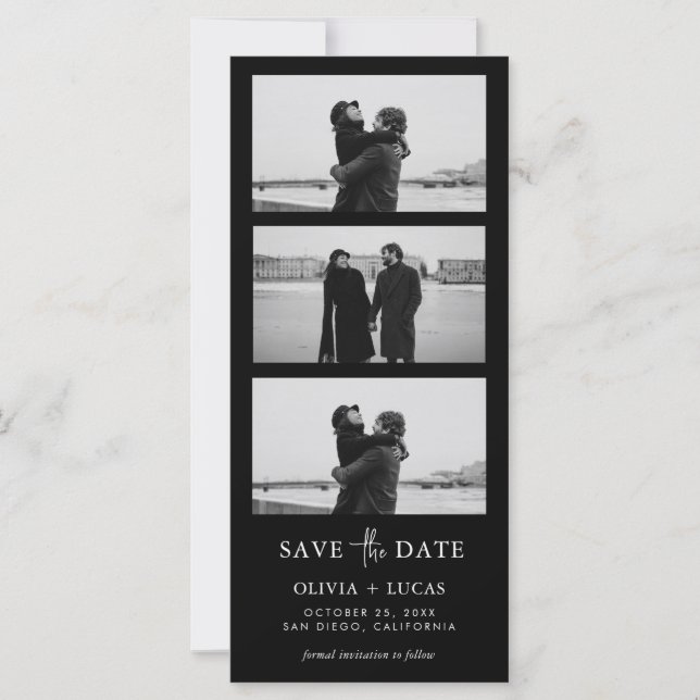 Black Photo Strip Magnetic Wedding Save The Date (Front)