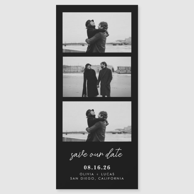 Black Photo Strip Magnetic Wedding Save The Date (Front)