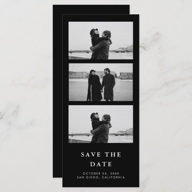 Black Photo Strip QR Code Wedding Save The Date (Front/Back)