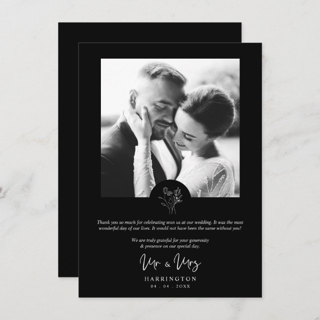 Black Photo Typography MR & MRS Wedding Bouquet  Thank You Card (Front/Back)
