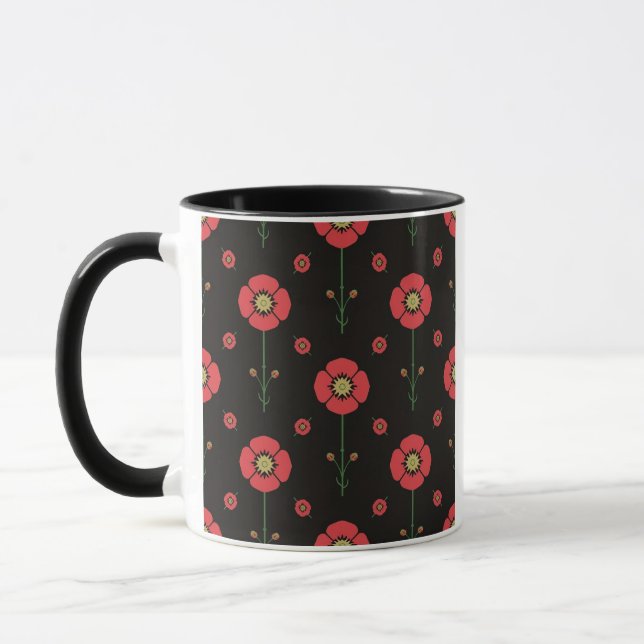 Black Phulkari Poppy Floral Pattern  Mug (Left)